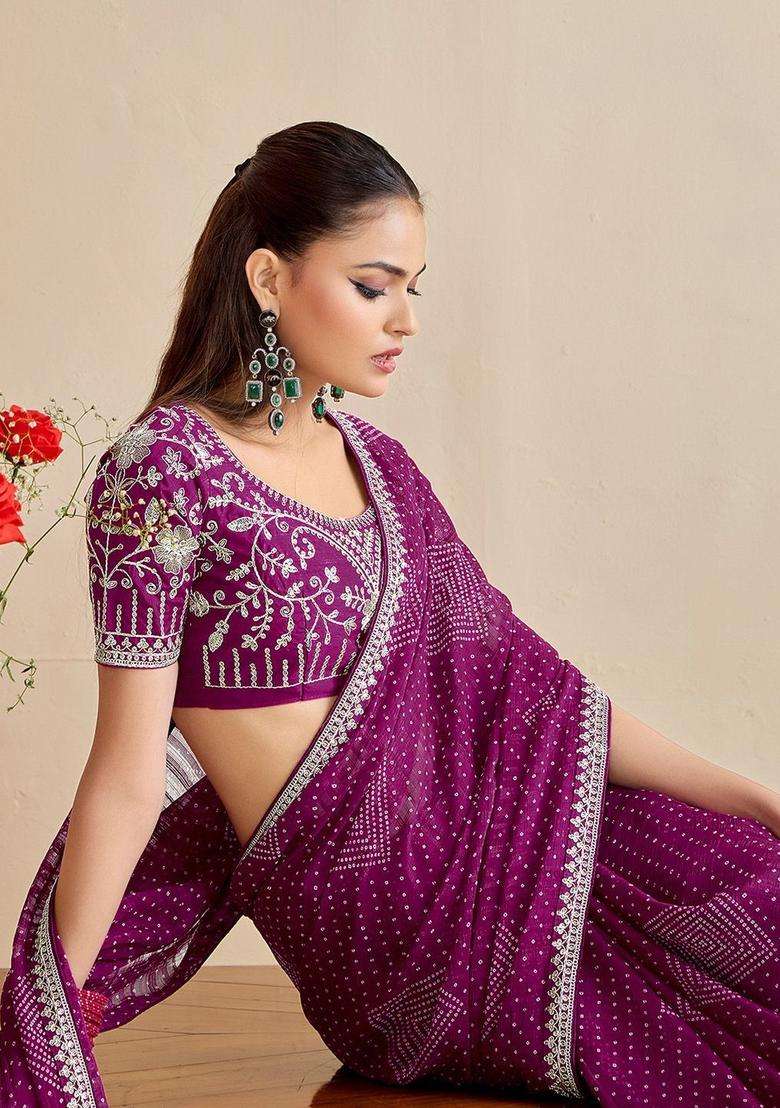 WINE Chiffon Saree Set with Embroidery for Diwali | Wedding & Festive Wear - Indya
