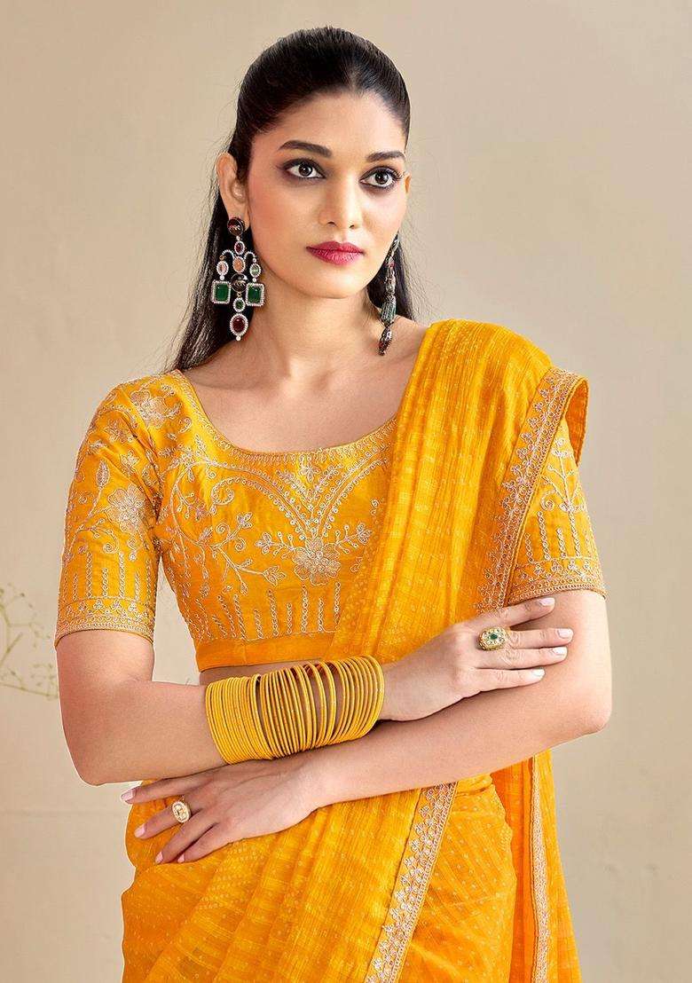 YELLOW Embroidery Chiffon Saree Set for Diwali and Festive Wear - Indya