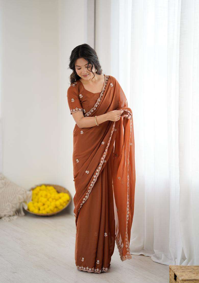 BROWN Solid Georgette Saree Set for Diwali and Festive Wear - Indya