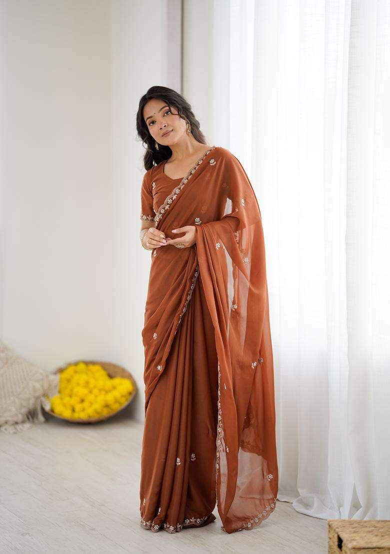 BROWN Solid Georgette Saree Set for Diwali and Festive Wear - Indya