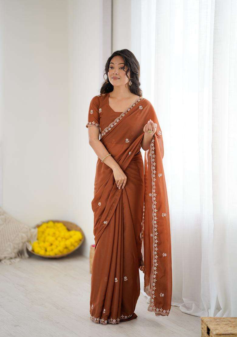 BROWN Solid Georgette Saree Set for Diwali and Festive Wear - Indya