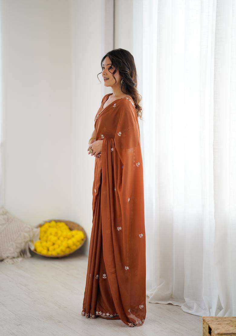 BROWN Solid Georgette Saree Set for Diwali and Festive Wear - Indya