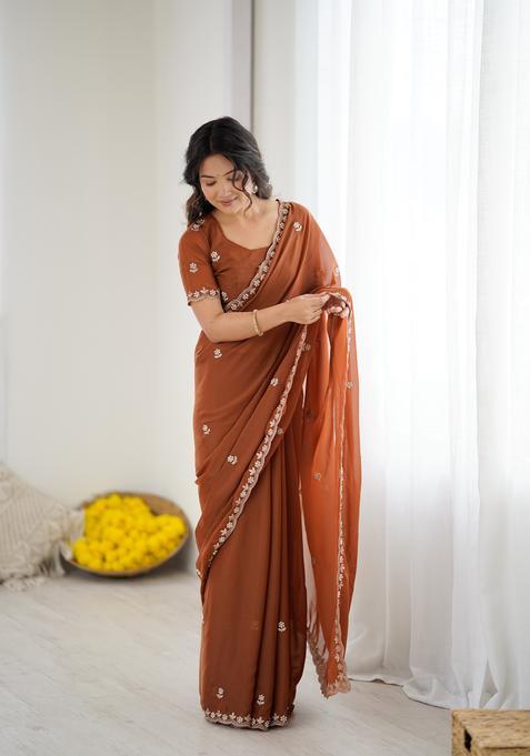 BROWN Solid Georgette Saree Set