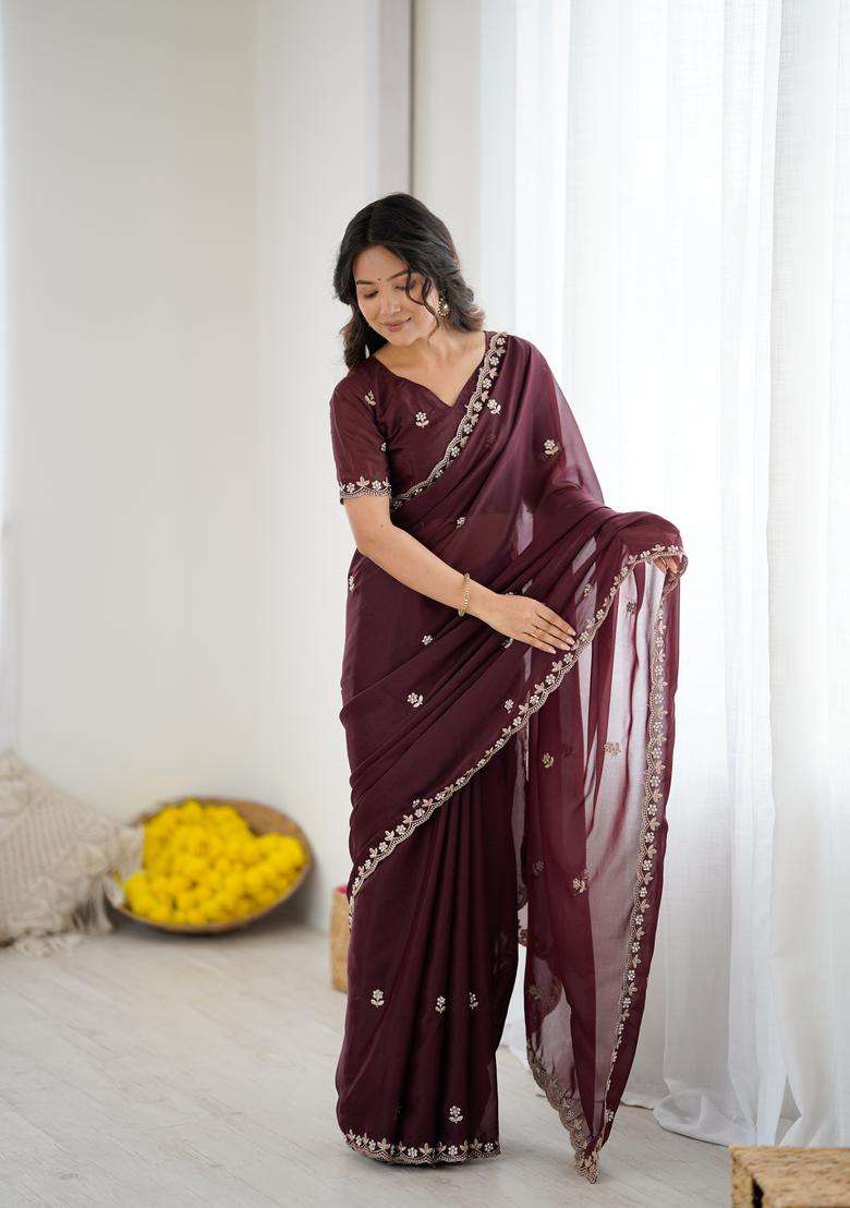 BURGUNDY Solid Georgette Saree Set for Diwali | Wedding & Festive Wear - Indya