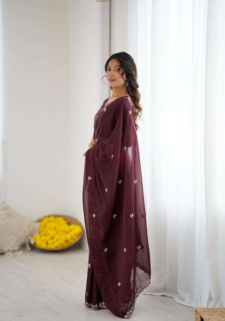 BURGUNDY Solid Georgette Saree Set for Diwali | Wedding & Festive Wear - Indya