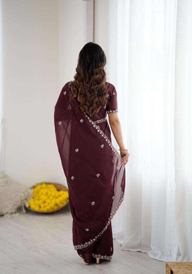 BURGUNDY Solid Georgette Saree Set for Diwali | Wedding & Festive Wear - Indya