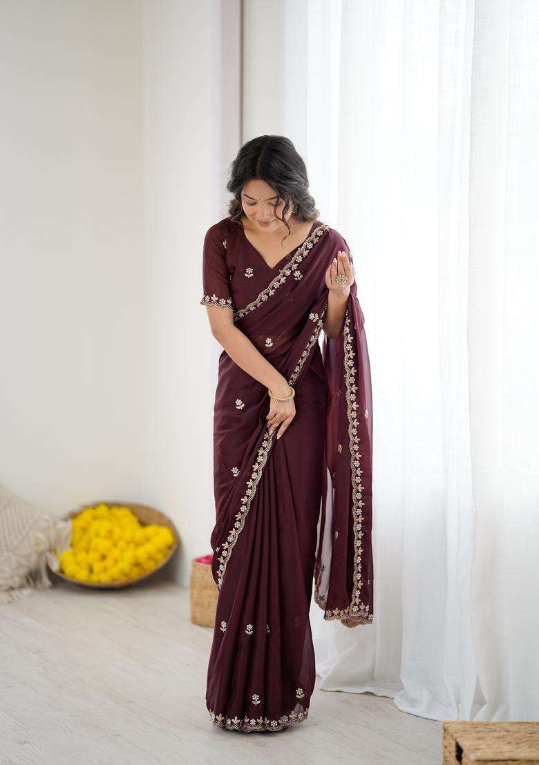 BURGUNDY Solid Georgette Saree Set for Diwali | Wedding & Festive Wear - Indya