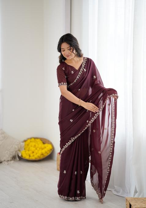 BURGUNDY Solid Georgette Saree Set