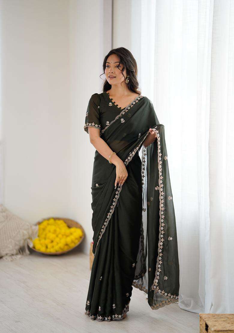 MEHENDI Solid Georgette Saree Set for Diwali and Festive Wear - Indya