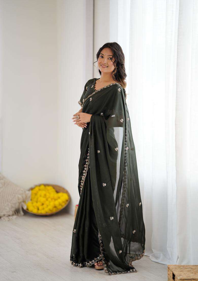 MEHENDI Solid Georgette Saree Set for Diwali and Festive Wear - Indya
