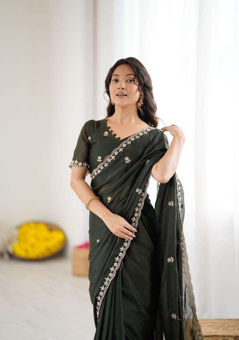 MEHENDI Solid Georgette Saree Set for Diwali and Festive Wear - Indya