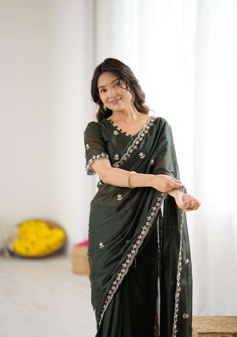 MEHENDI Solid Georgette Saree Set for Diwali and Festive Wear - Indya