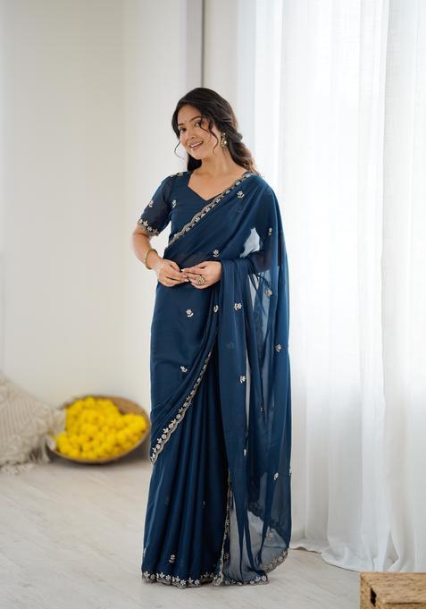 MORPICH Solid Georgette Saree Set