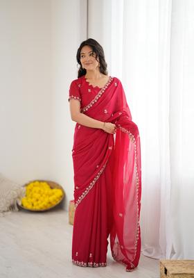 Pink Solid Georgette Saree Set