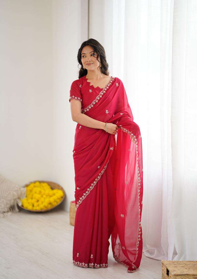 Pink Solid Georgette Saree Set for Diwali | Wedding & Festive Wear - Indya