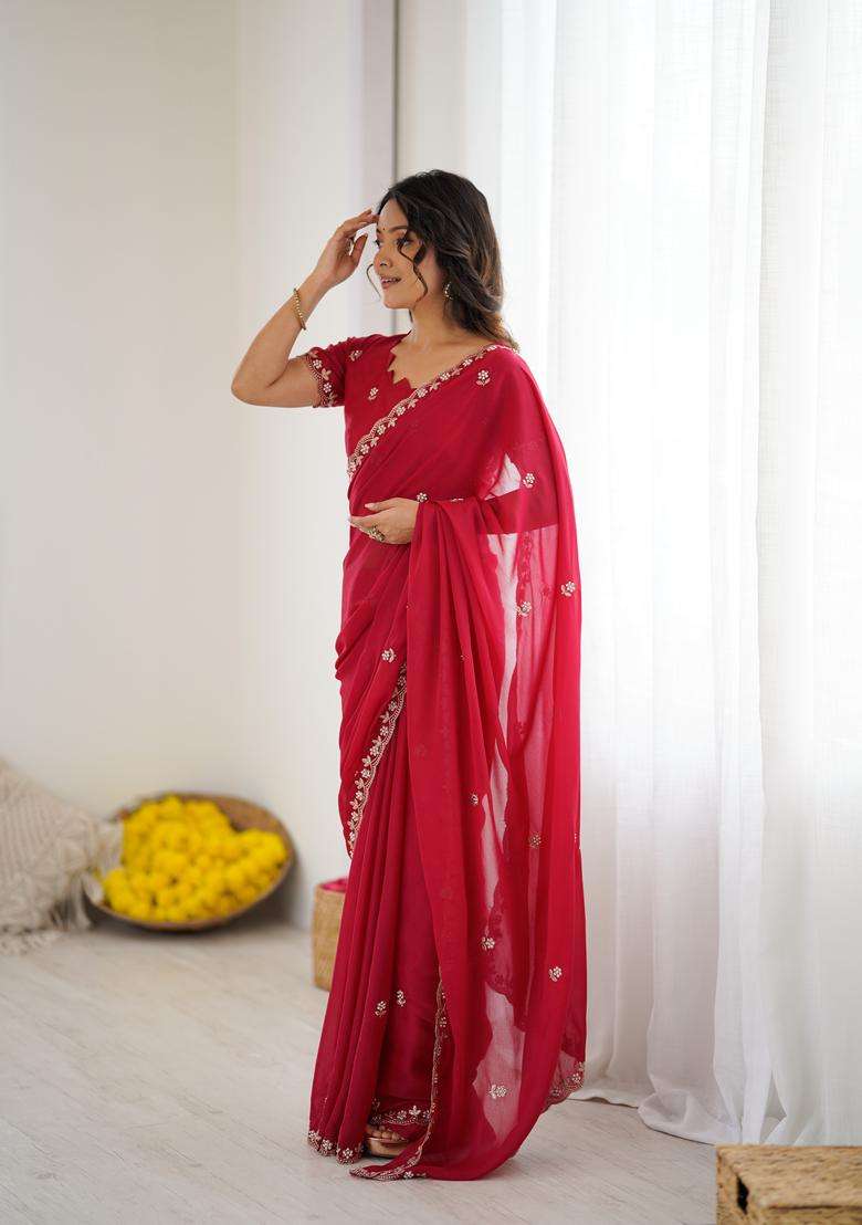 Pink Solid Georgette Saree Set for Diwali | Wedding & Festive Wear - Indya