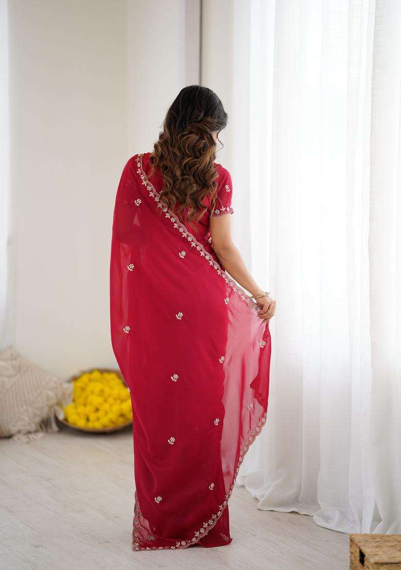 Pink Solid Georgette Saree Set for Diwali | Wedding & Festive Wear - Indya