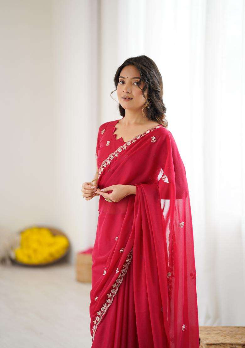 Pink Solid Georgette Saree Set for Diwali | Wedding & Festive Wear - Indya