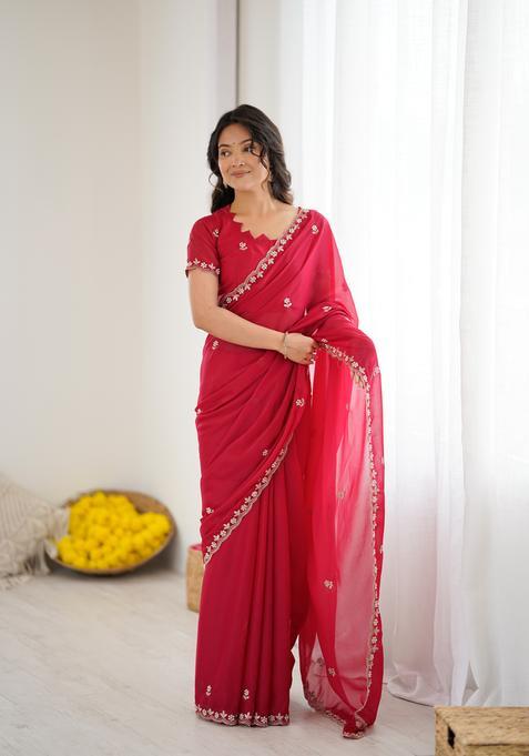 Pink Solid Georgette Saree Set