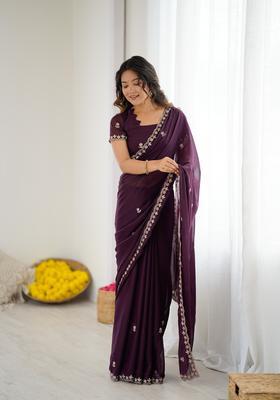 WINE Solid Georgette Saree Set