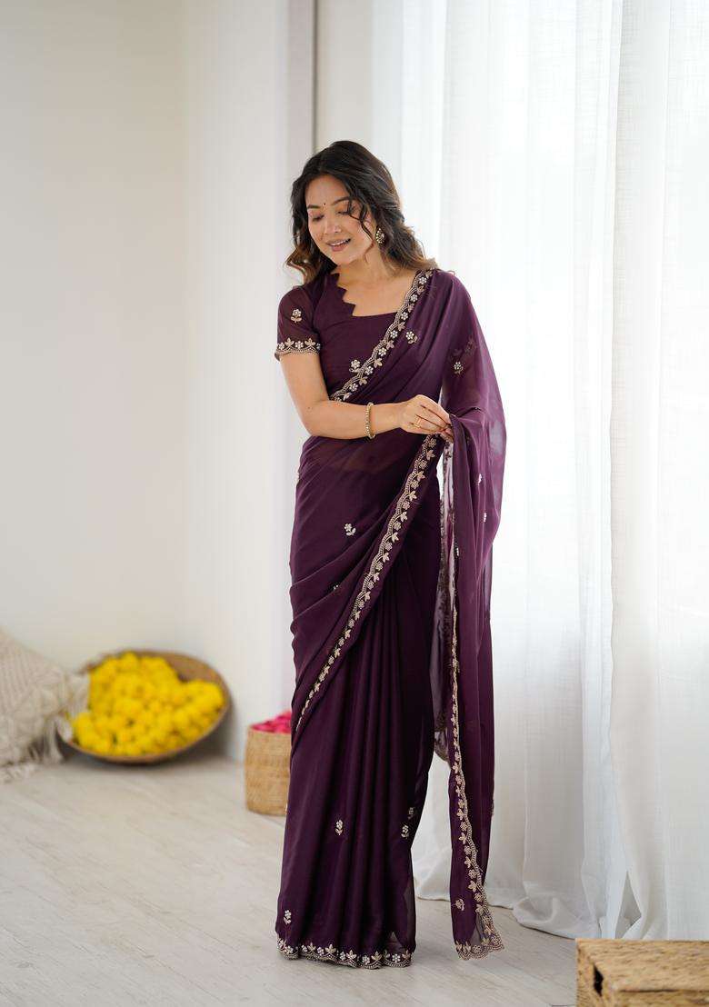 WINE Solid Georgette Saree Set for Diwali and Festive Wear - Indya