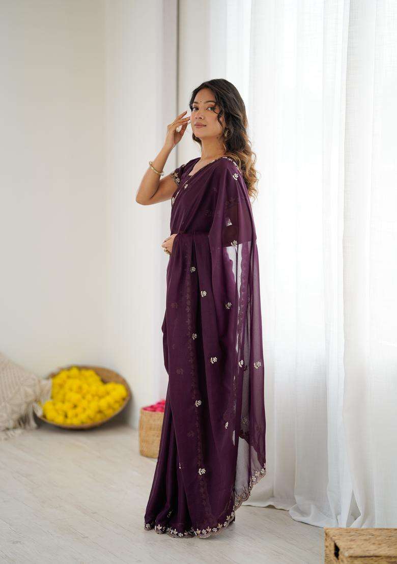 WINE Solid Georgette Saree Set for Diwali and Festive Wear - Indya