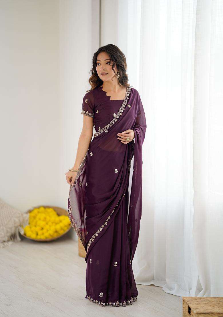 WINE Solid Georgette Saree Set for Diwali and Festive Wear - Indya