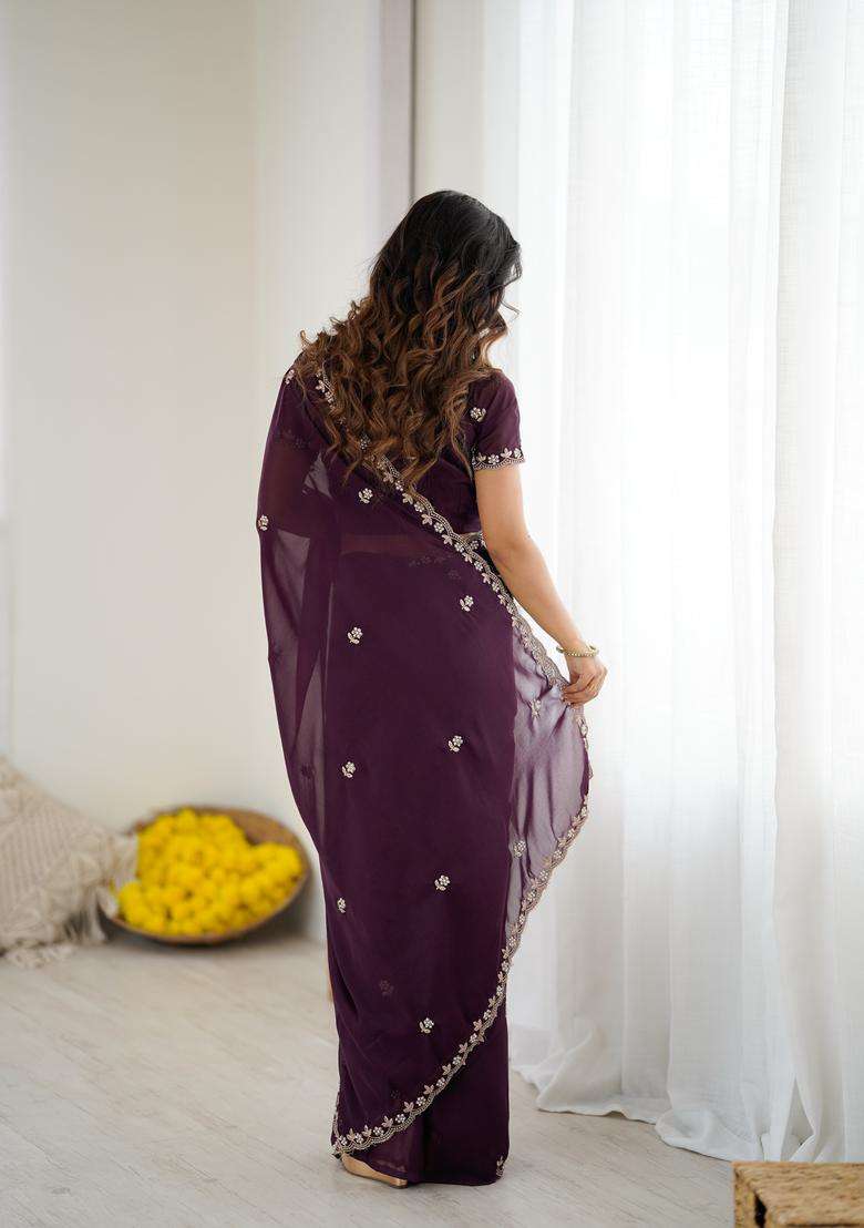 WINE Solid Georgette Saree Set for Diwali and Festive Wear - Indya