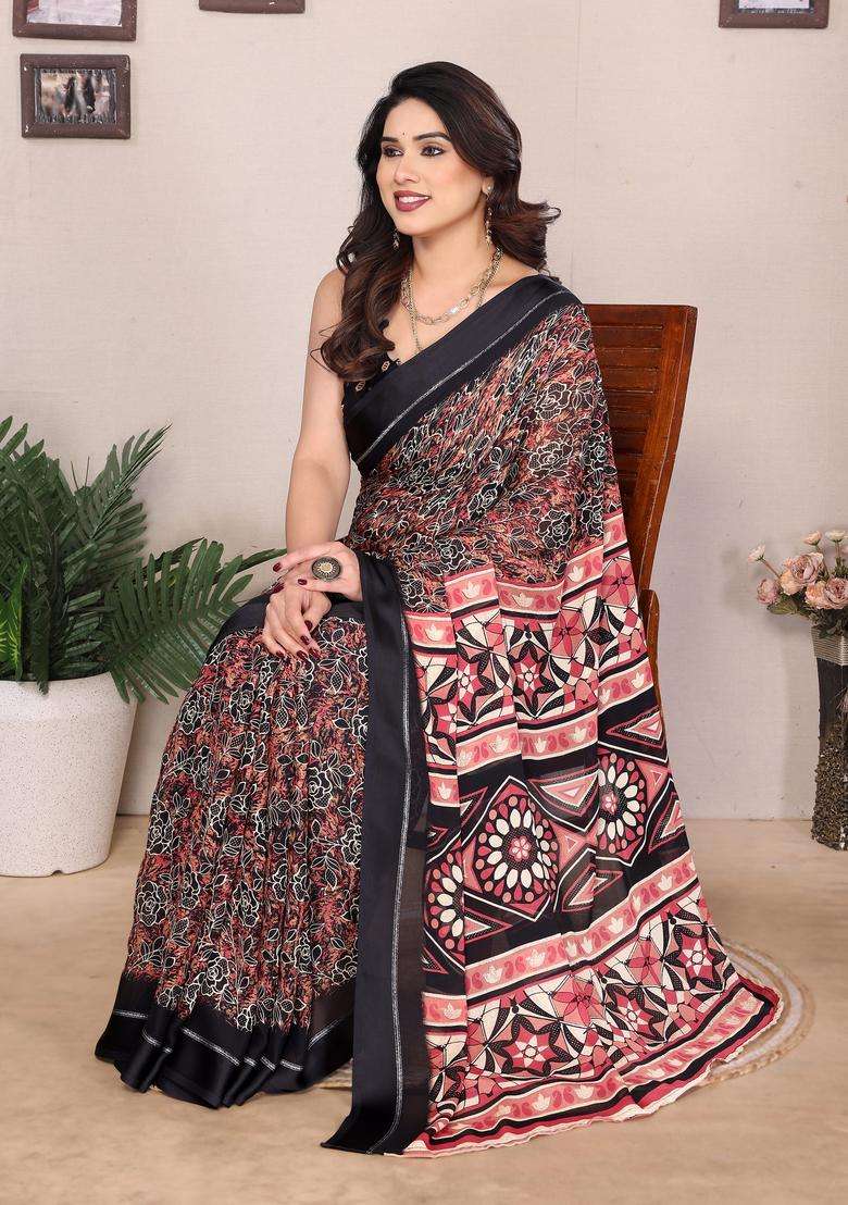 BLACK Printed Satin Saree Set for Diwali and Festive Wear - Indya