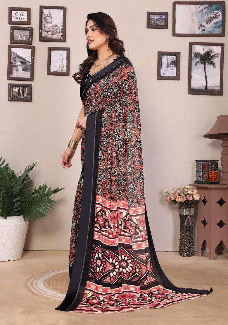 BLACK Printed Satin Saree Set for Diwali and Festive Wear - Indya