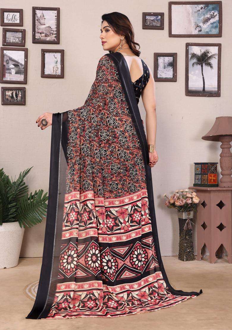 BLACK Printed Satin Saree Set for Diwali and Festive Wear - Indya
