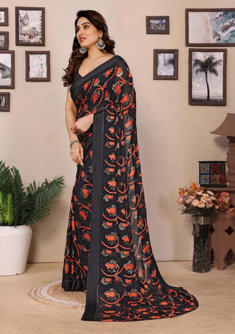 Black And Red Printed Satin Saree Set for Diwali and Festive Wear - Indya