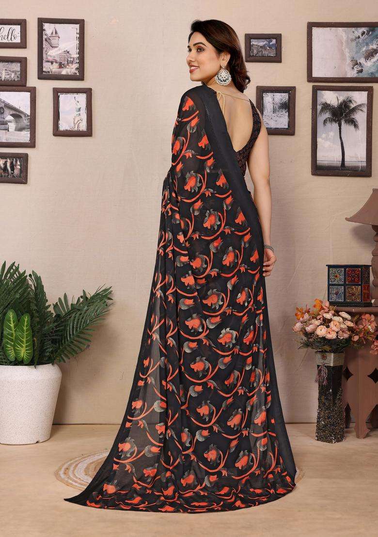Black And Red Printed Satin Saree Set for Diwali and Festive Wear - Indya