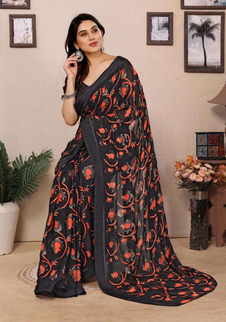 Black And Red Printed Satin Saree Set for Diwali and Festive Wear - Indya