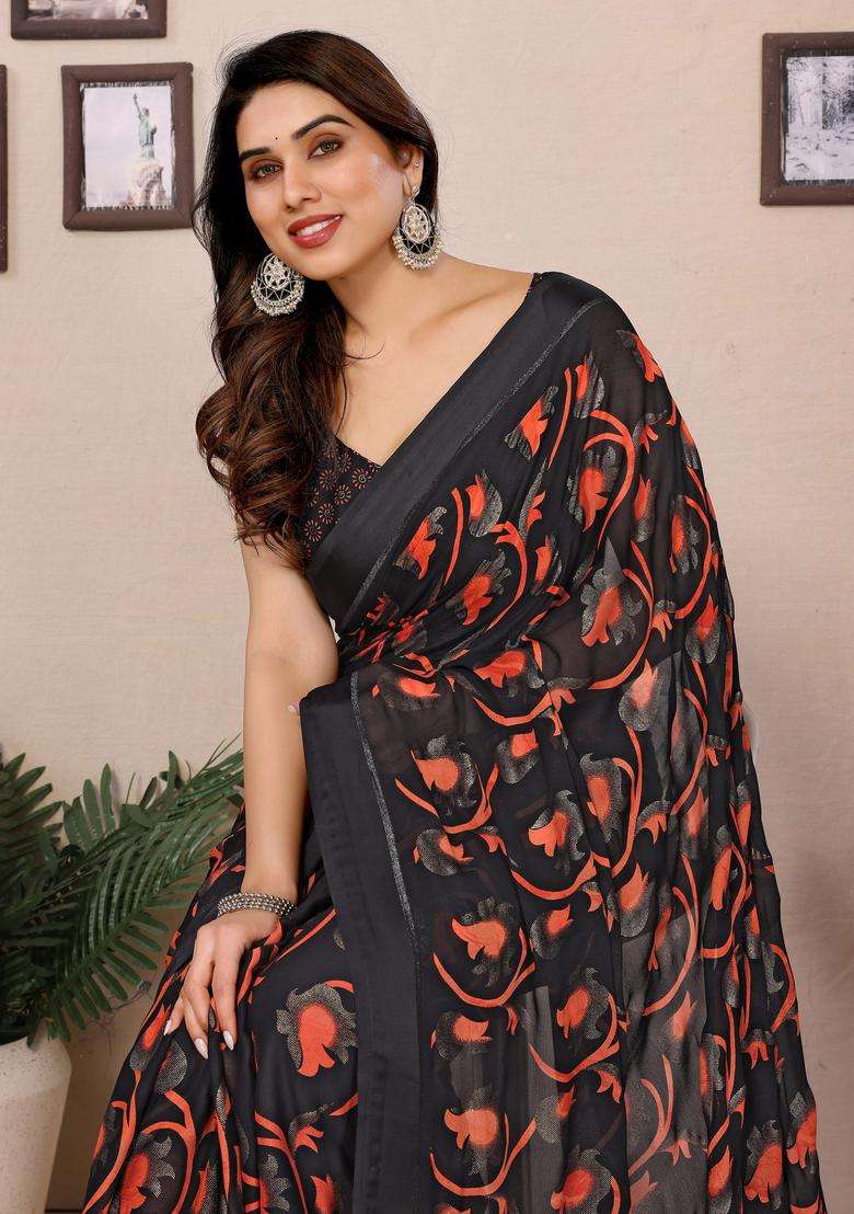 Black And Red Printed Satin Saree Set for Diwali and Festive Wear - Indya