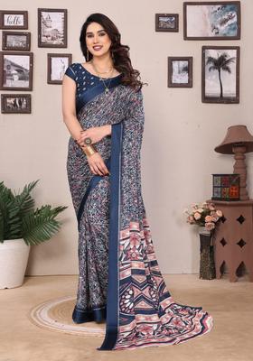 GREY Printed Satin Saree Set