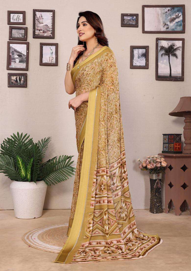 Peach Printed Satin Saree Set for Diwali and Festive Wear - Indya