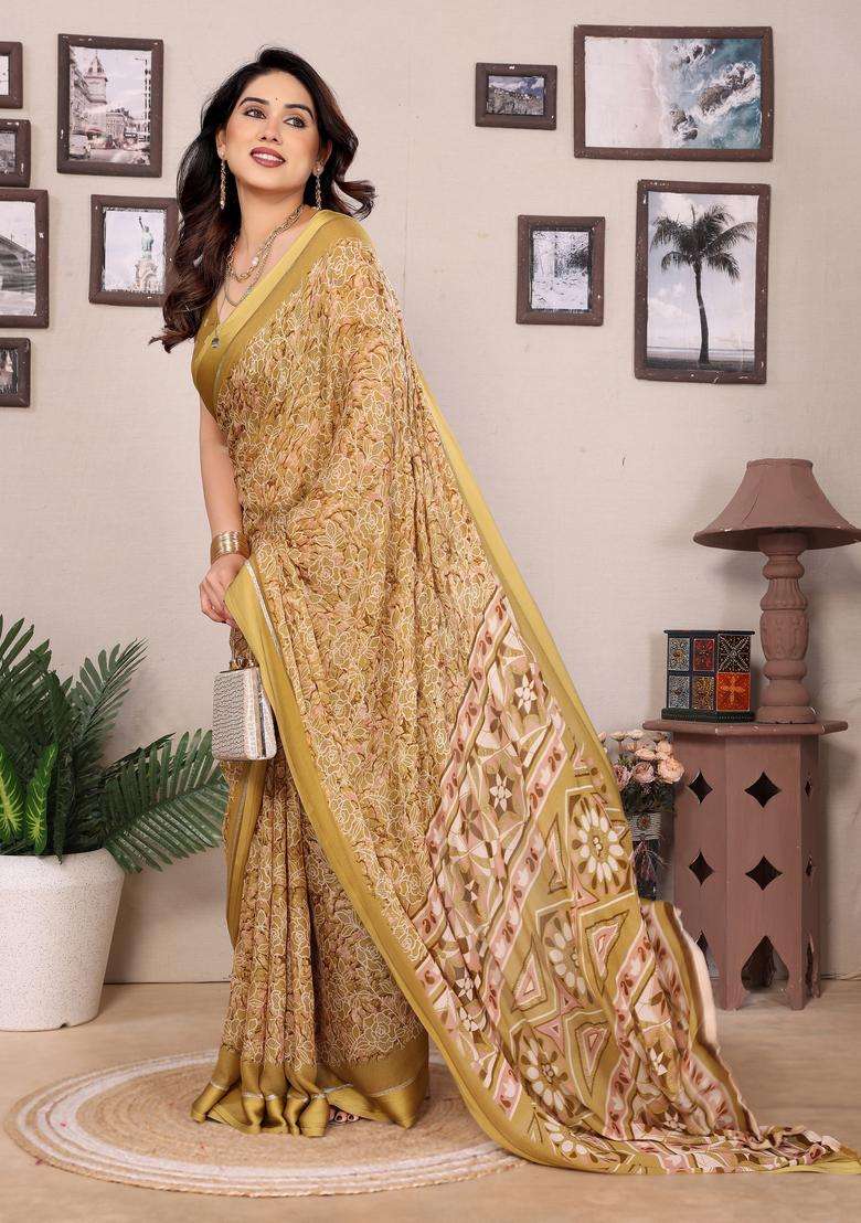 Peach Printed Satin Saree Set for Diwali and Festive Wear - Indya