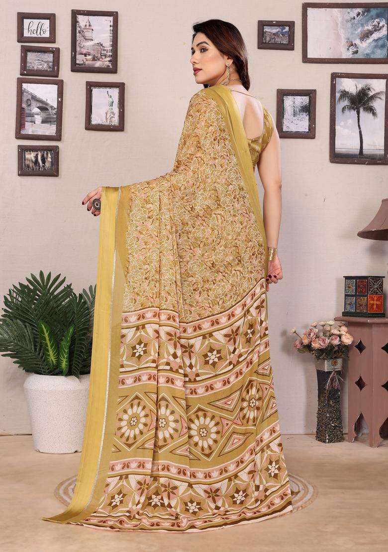 Peach Printed Satin Saree Set for Diwali and Festive Wear - Indya