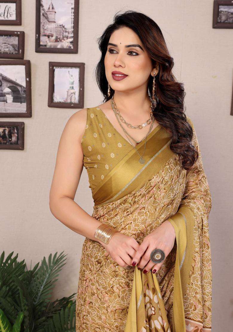 Peach Printed Satin Saree Set for Diwali and Festive Wear - Indya