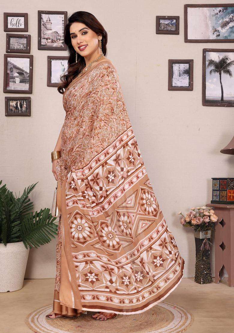 WINE Satin Saree Set with Printed for Diwali | Wedding & Festive Wear - Indya