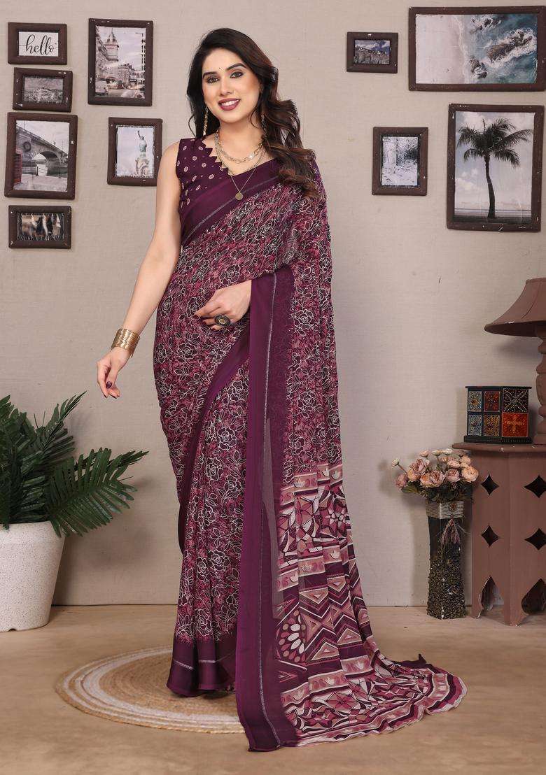 YELLOW Printed Satin Saree Set for Diwali and Festive Wear - Indya
