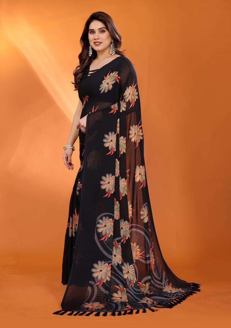 BLACK Satin Saree Set with Printed for Diwali | Wedding & Festive Wear - Indya