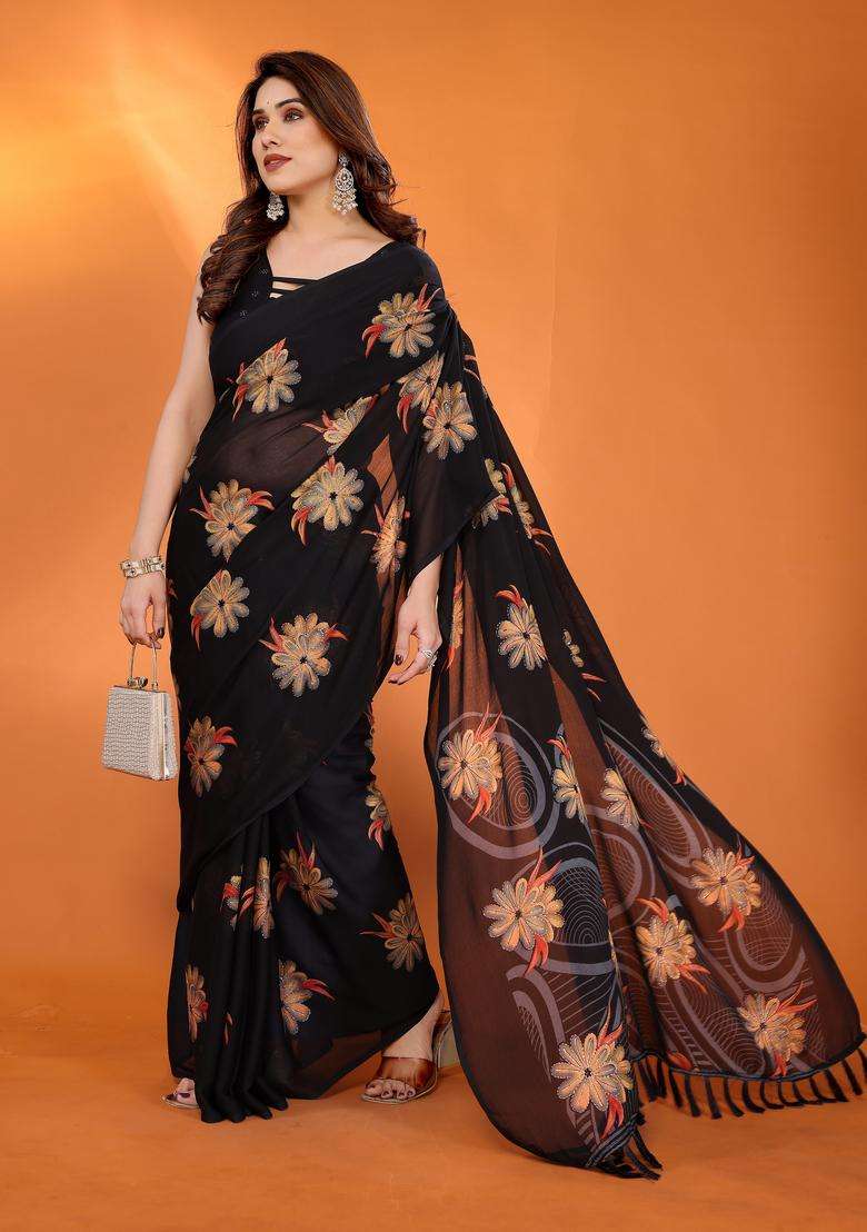 BLACK Satin Saree Set with Printed for Diwali | Wedding & Festive Wear - Indya