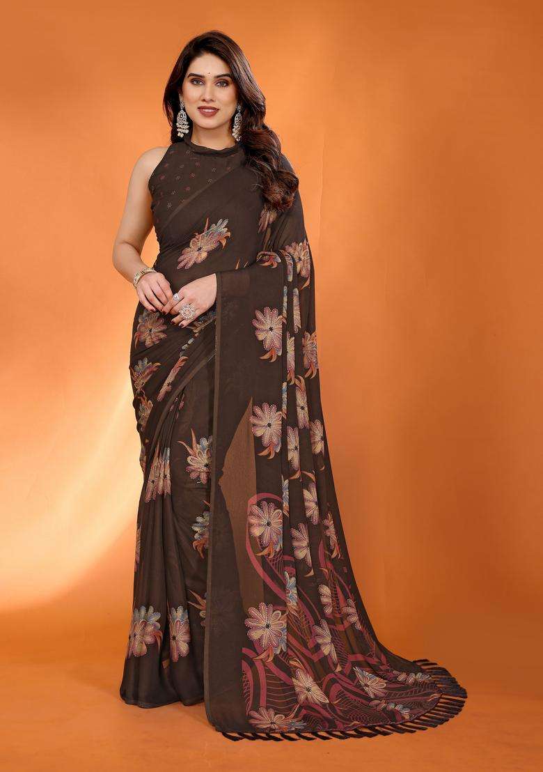 BROWN Printed Satin Saree Set for Diwali and Festive Wear - Indya