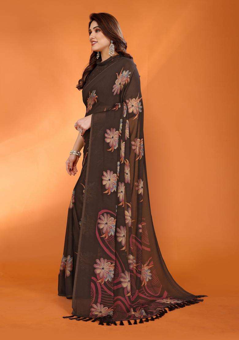 BROWN Printed Satin Saree Set for Diwali and Festive Wear - Indya