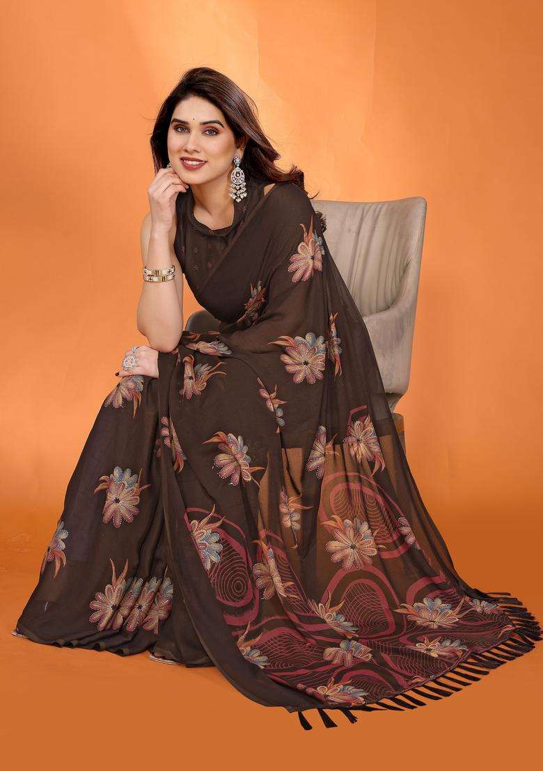 BROWN Printed Satin Saree Set for Diwali and Festive Wear - Indya