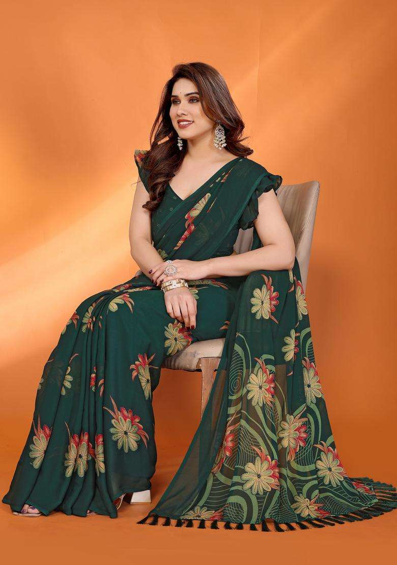 Green Satin Saree Set with Printed for Diwali | Wedding & Festive Wear - Indya