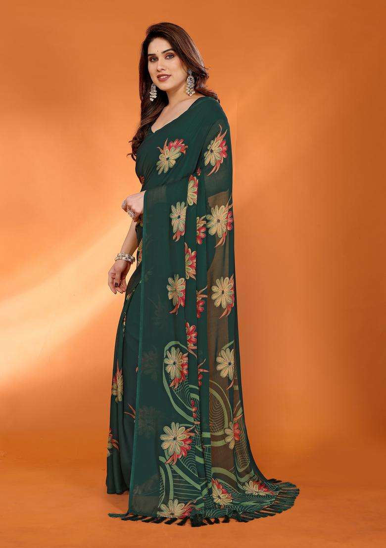 Green Satin Saree Set with Printed for Diwali | Wedding & Festive Wear - Indya