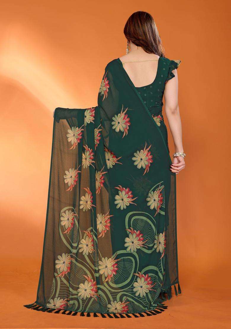 Green Satin Saree Set with Printed for Diwali | Wedding & Festive Wear - Indya